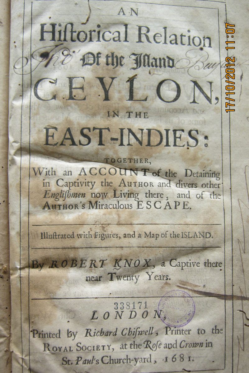 An Historical Relation of the Island Ceylon in the East-Indies – Robert Knox