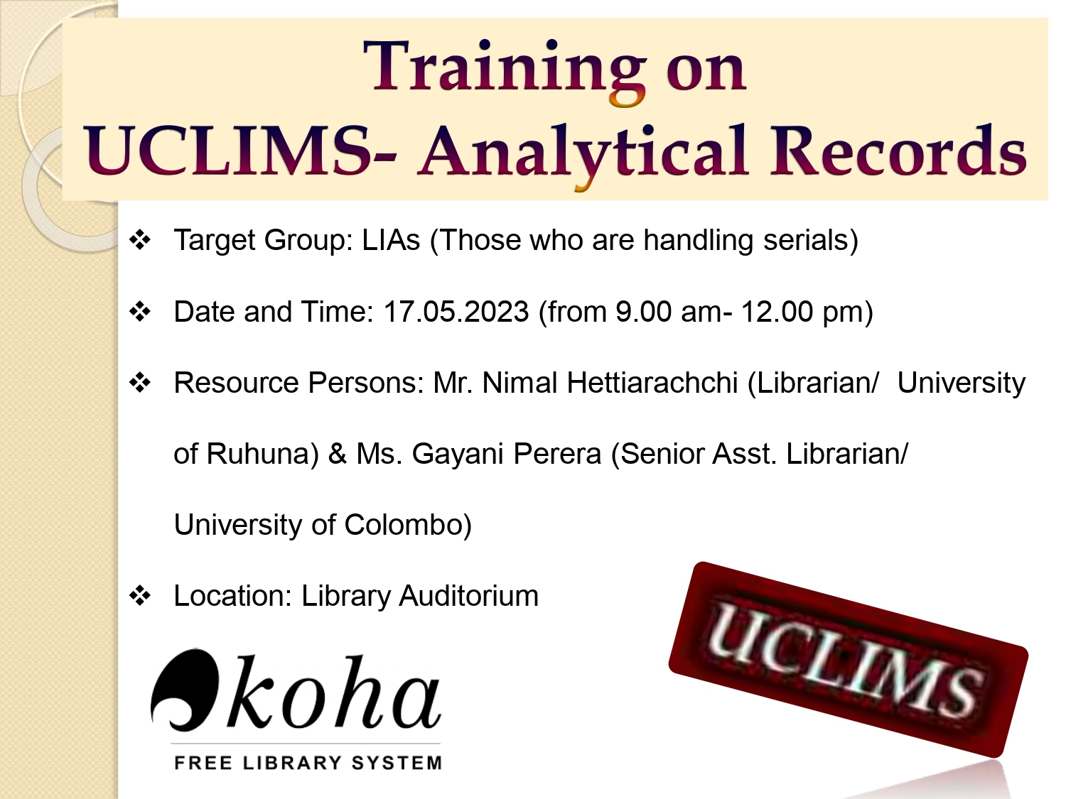 Training on UCLIMS- Analytical Records