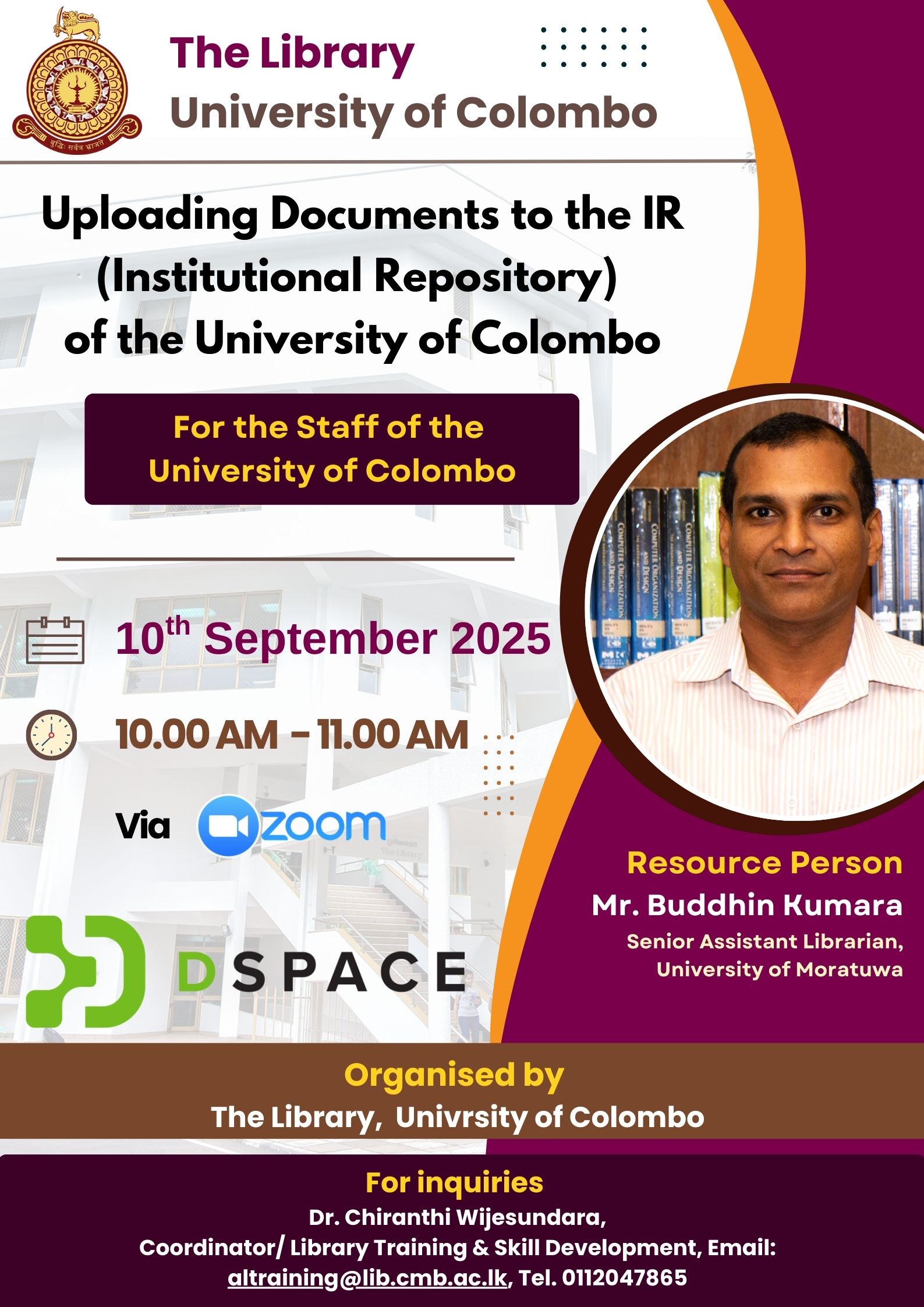 Webinar on Uploading Documents to the Institutional Repository (IR) of the University of Colombo
